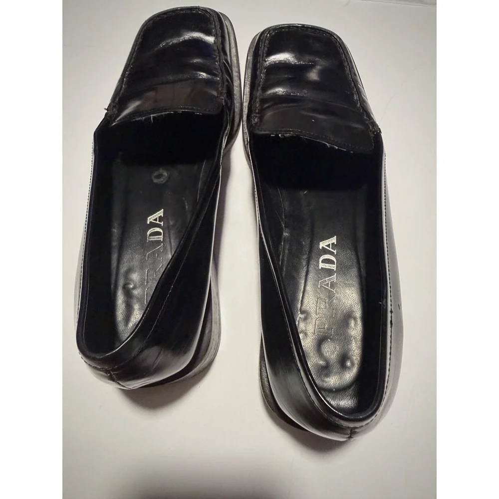 PRADA Square-Toe Loafer Casual Pumps Block Heel Black Size 6.5 - Picture 3 of 7